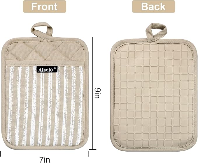 Alselo Silicone Pot Holders Set of 3 Heat Resistant & Non Slip Potholders | Professional Oven Hot Pads with Pockets Mitts for Kitchen Cooking Baking Barbecue (Khaki, 3)