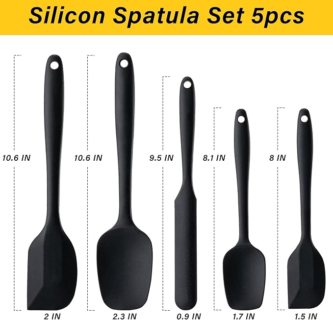 Silicone Spatula Set,5 Piece Food Grade Rubber Spatulas,Black | Spatulas Silicone Heat Resistant for Baking,Cooking,and Mixing High Heat Resistant Non Stick Dishwasher Safe BPA-Free