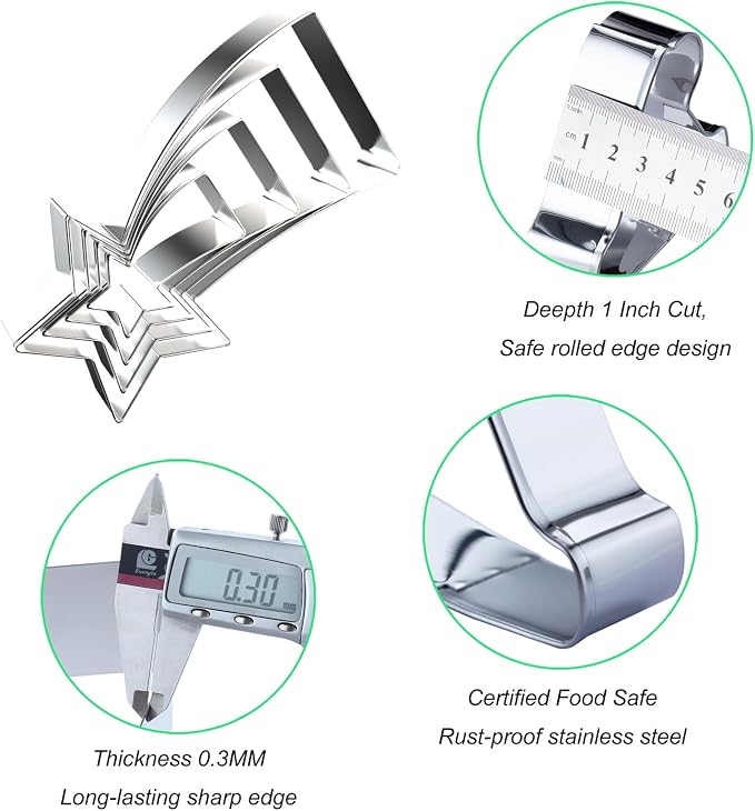 Shooting Star Cookie Cutter Set - 5 inch, 4 inch, 3 inch, 2 inch - 4 Piece Meteor Falling Star Cookie Cutters Shapes Molds - Stainless Steel