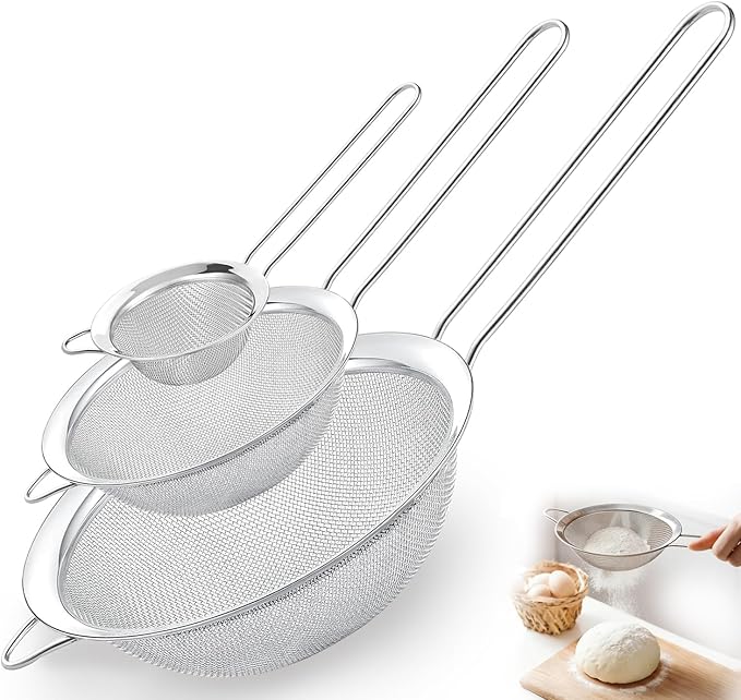 Fine Mesh Strainer Set of 3, Stainless Steel Sieve Sifters with handle, Medium Small Mini Size, Kitchen Strainers Colander Set for Sifting, Straining & Cooking(2.2"/3.9"/5.5")