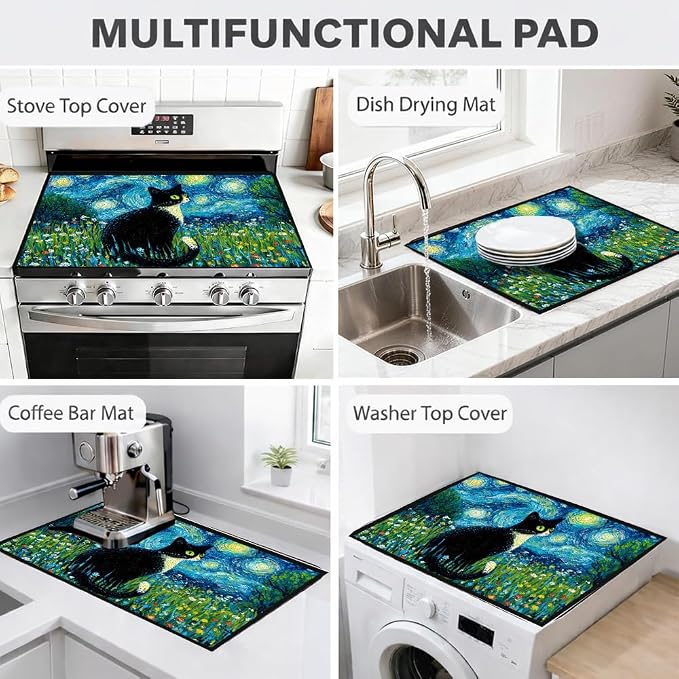 Black Cat Night Sky Stove Top Cover 28.35x20.47 in Non Slip | Heat Resistant Cooktop Protector Mat with Non-Slip Backing, Scratch Protection and Countertop Drying Mat.