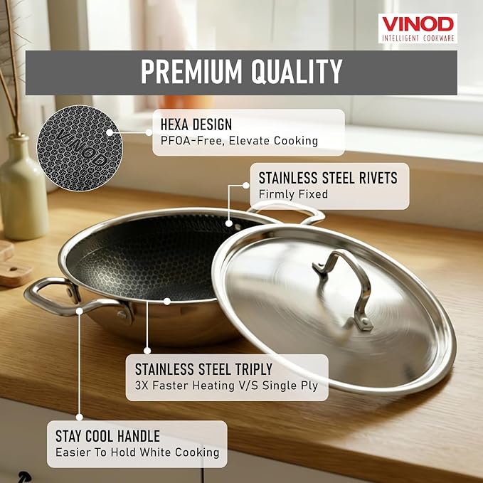 Vinod Nutri-Tech Triply Non Stick Kadai for Indian Cooking (20 cm Diameter | Scratch Resistant Kadhai for Deep Frying | Multipurpose Indian Cookware | Includes Lid