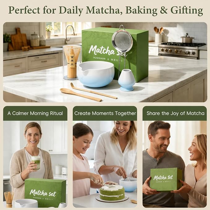 Matcha Whisk Set, Ceramic Matcha Set Includes Bowl & Holder, Bamboo Whisk (Chasen), Scoop, Spoon and Sifter, 6Pcs Matcha Kit Covers Everything Needed for Making Matcha (Blue)