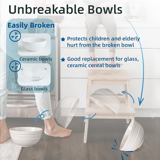 【NOT CERAMIC】Unbreakable Cereal Bowls, 25 OZ Wheat Straw Bowls Microwave and Dishwasher Safe BPA-Free Eco-Friendly Bowl Beige Color for Cereal, Serving ,Soup, Oatmeal, Pasta and Salad（Set Of 6）