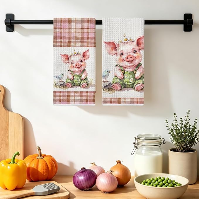 Jztco 2 Pcs Cute Pig Kitchen Towels, Plaid Pink Soft Absorbent Hand Towels | Pig Gifts for Women Mom Grandma Microfiber Dish Cloths for Drying Dishes, Waffle Dish Towels for Kitchen Bathroom Decor
