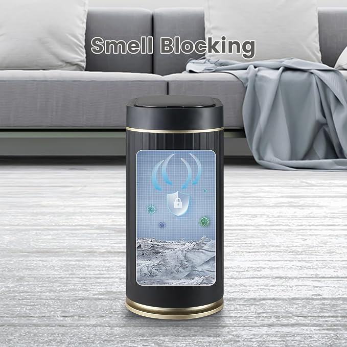 ELPHECO Slim Bathroom Trash Can with Lid, 2 Gallon Black Golden | Smart Garbage Can, Plastic Wastebasket, Narrow Garbage Bin, Waterproof Bathroom Decor for Bedroom