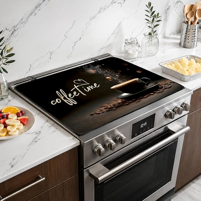 Electric Stove Top Cover for Glass Top, Coffee Time Cafe Decor – Heat Resistant Flat Stove Top Covers, Decorative Scratch Protector Mat for Glass Ceramic Cooktop, Non-Slip, 28"x20"