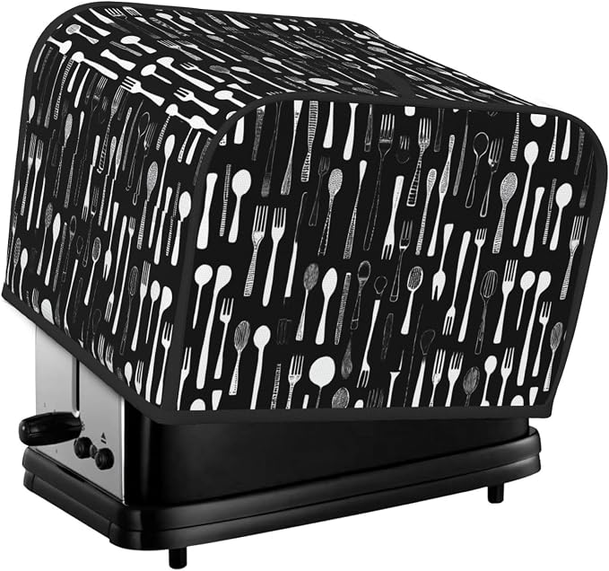 4 Slice Toaster Cover Fork Spoon Pattern Black Dust Proof Washable Kitchen Appliance Cover with Pocket, Oxford Fabric Countertop Toaster Protector for Standard Toasters Small Appliances