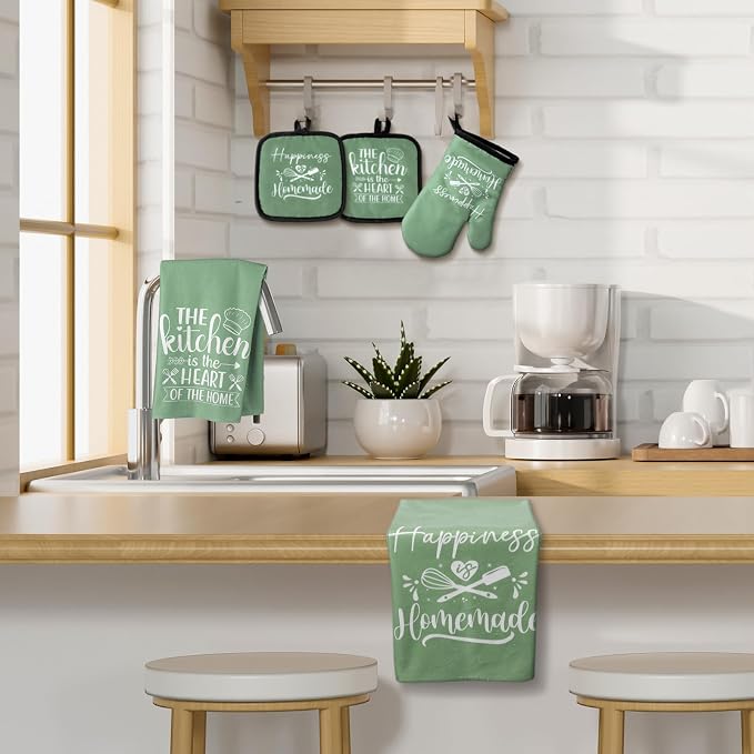 Sratte 6 Pcs Kitchen Decor Accessories Set, Kitchen, Sage Green | Farmhouse Kitchen Towels Pot Holders Oven Mitts Set 2 Dish Towels 2 Potholders 2 Cooking Mittens for Baking Cooking Supply