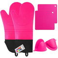 6pcs Silicone Oven Mitts and Pot Holders Sets for Kitchen, Rose | 500°F heat resistant, cotton lining, honeycomb non-slip texture, 15-inch forearm protection, baking cooking gloves