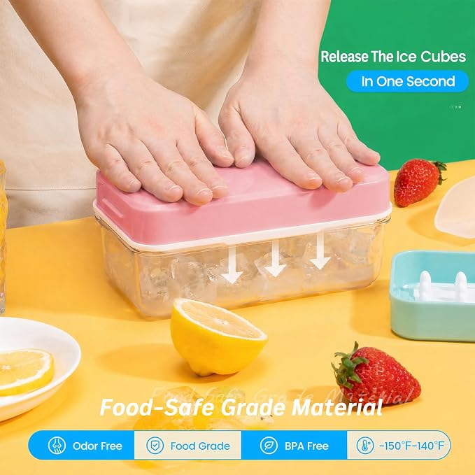 Ice Cube Tray with Lid and Bin, Easy Release 28 Cubes for Freezer | Food-grade BPA-free PP and ABS. Ice cubes for fruit, cocktails, iced coffee. Space-saving stackable with scoop
