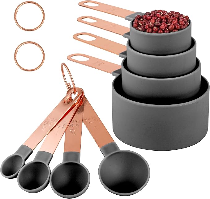 8-Piece Stackable Rose Gold Stainless Steel Handled Measuring Cups | and Spoons for Measuring Dry and Liquid Ingredients (grey)