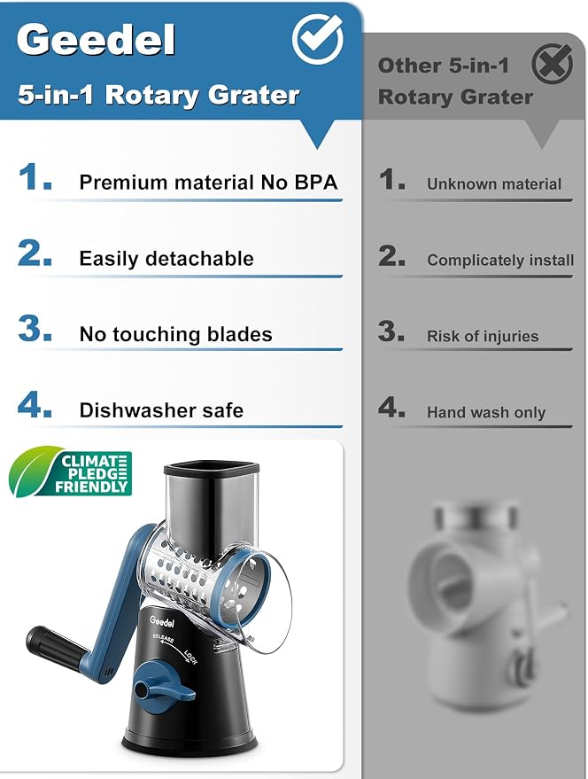 Geedel Rotary Cheese Grater Hand Crank, Cheese Shredder Vegetable Slicer | 5 Blades, 430 Stainless Steel, 12x Fast Cutting, Strong Suction Base, No BPA, Dishwasher Safe, for Cheese, Veggie, Nut
