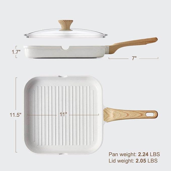 SENSARTE Nonstick Ceramic Grill Pan with Lid, Grill Pan for Stove Tops, Square Grilling Pan with Pour Spouts, Durable Grill Skillet for All Stoves, Steak Bacon Pan, Non Toxic PTFE,PFAS,PFOA Free