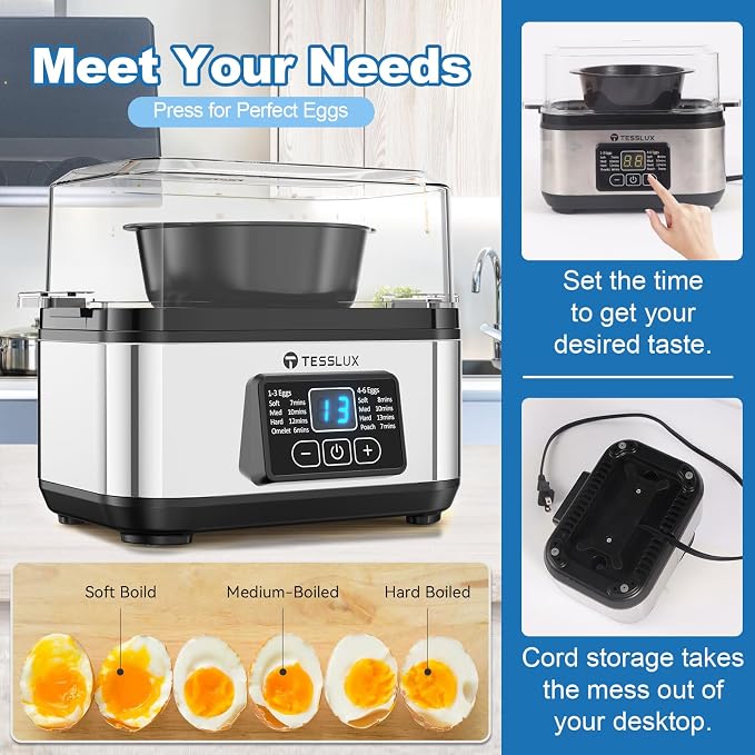 Tesslux Electric Egg Cooker, 6-Egg Boiler for Hard, Soft, Poached, Silver | LED Countdown Timer, Touch Control, Poaching Bowl, Omelet Maker, Stainless Steel, Auto Shut-Off, Buzzer Alert, Compact