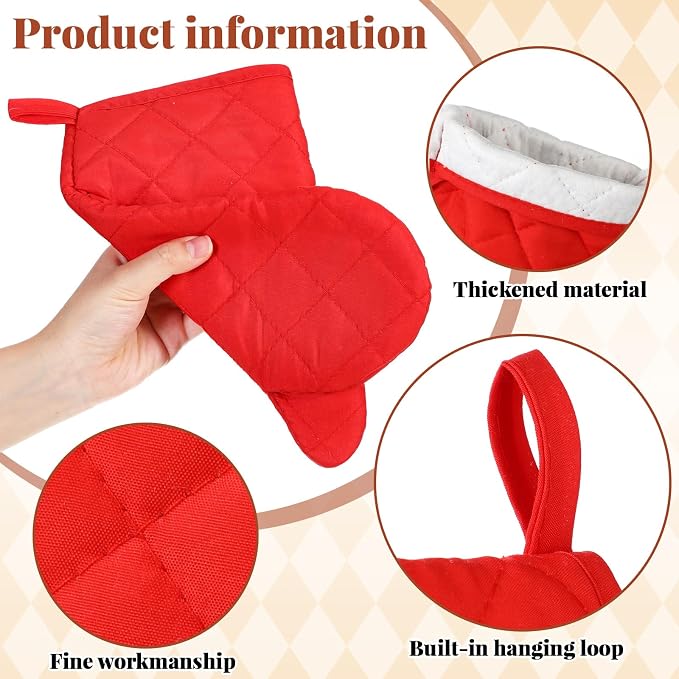 Geyoga 12 Pairs Oven Mitts Heat Resistant Kitchen Long Oven Gloves Mitts Thick Cotton Winter Quilted Baking Flexible Glove Bulk for Cooking BBQ Picnic Kitchen Grilling 10.6 Inch(Red)