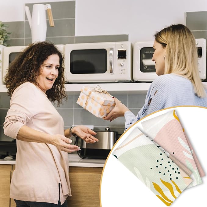 Abstract Boho Floral Kitchen Towels Set of 2, Green and Pink Boho Botanical Leaf Dish Tea Towels for Kitchen Decor, Mid Century Modern Hand Towels for Bathroom Decor, 16x24 Inch