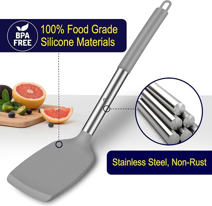HOTEC Silicone Spatula Set of 2 Heat-Resistant 600°F & BPA-Free Kitchen SaptulaTurner with Stainless Steel Handles, Slotted & Solid Spatulas for Nonstick Cookware, 13.7 Inch, Grey