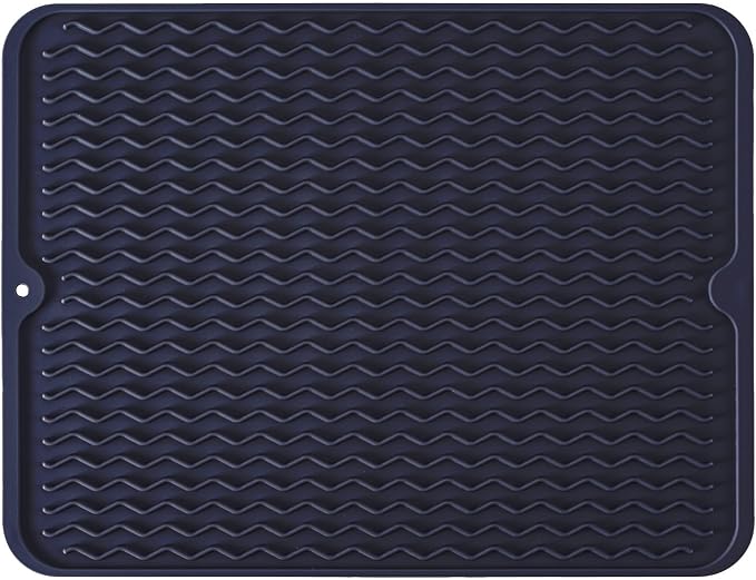 Silicone Dish Drying Mat, Non-Slip Easy Clean Sink Mat, Dark Blue, 14"x11" | Quick-Dry Ridges, Large Heat-resistant Dish Drainer Mat for Kitchen Counter, Hangable & Roll-Up for Storage, Dishwasher Safe