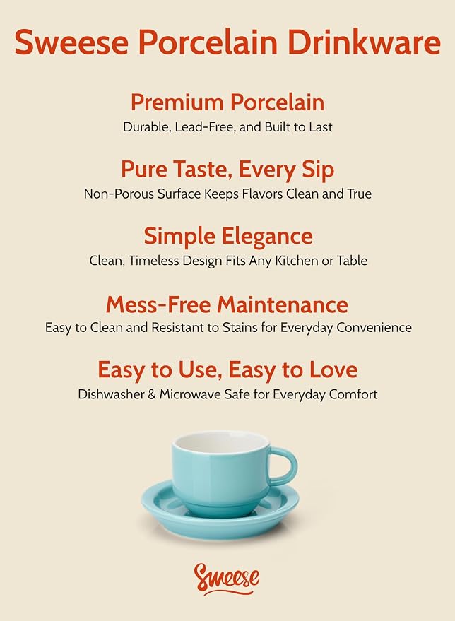 Sweese 4 Ounce Porcelain Stackable Espresso Cups with Saucers and Metal Stand Set of 4, Turquoise