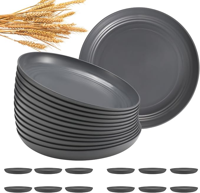 HEYCOME 12 Pcs Unbreakable Deep Dinner Plates Set, 9 inch Reusable Plastic Wheat Straw Plates, Microwave and Dishwasher Safe Plate for Kitchen, Lightweight Plate for Dessert, BPA Free, Dark Gray