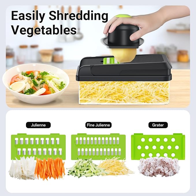 12-in-1 Vegetable Chopper with 7 Blades, Food Veggie Cutter, Green | Includes Egg Separator, Food Container and Finger Guard, Non-slip Base, for Chopping, Slicing, Shredding, and Mincing