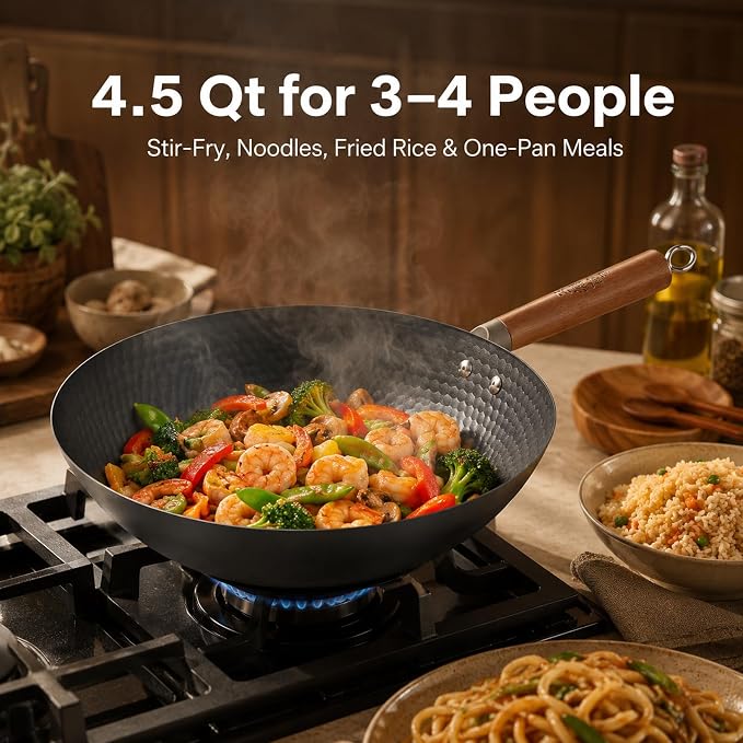 WANGYUANJI Lightweight Carbon Steel Wok Pan with Lid, 12.6" Flat Bottom Stir Fry Wok for Induction, Electric & Gas Stoves, 2.9 lb Wok Body, Pre-Seasoned Nitrided Wok, No Chemical Coating