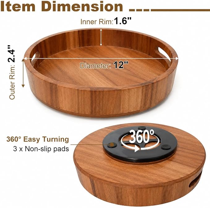 Wooden Lazy Susan – 12 in Acacia Wood Turntable Organizer for Cabinet，Multi-Purpose Home Decor Rotating Tray for Bathroom Accessories, Bedroom Makeup Organizer & Countertop Storage