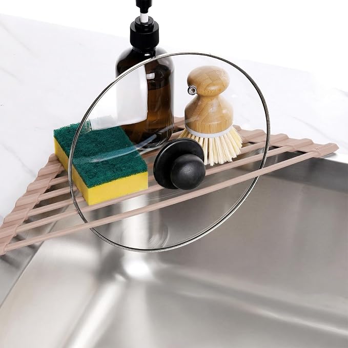 Tomorotec Roll Up Dish Drying Rack with Silicone Coating, Light Coffee | 304 Stainless Steel with BPA-Free Silicone, Triangle Design Maximizes Sink Corner Space, Fits Compact Kitchens And RVs