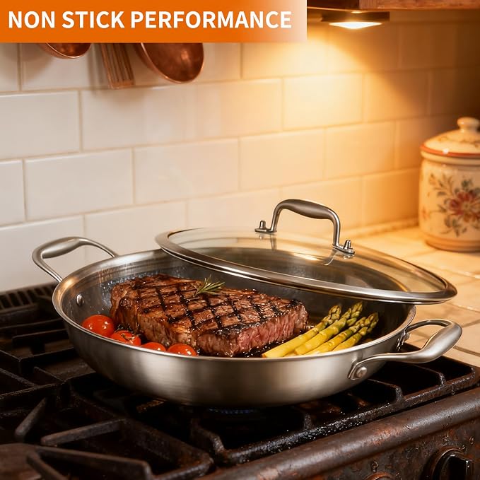DELARLO 12 Inch Tri-Ply Stainless Steel Nonstick Wok Pan with Lid 5Qt Pot | Deep 5-quart wok heats quickly and evenly, is oven safe to 600°F, and works on induction, gas, electric and ceramic cooktops.