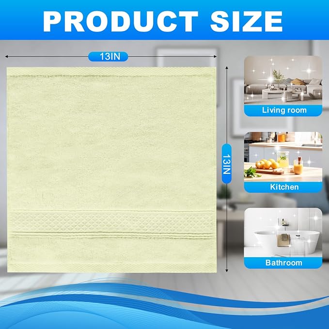 6 Pack 100% Cotton Wash Cloth, 13x13 Inch, Beige Yellow | Highly Absorbent and Soft Feel Fingertip Towels, Machine Washable Washcloths for Bathroom, Gym, Hotel, Spa and Kitchen