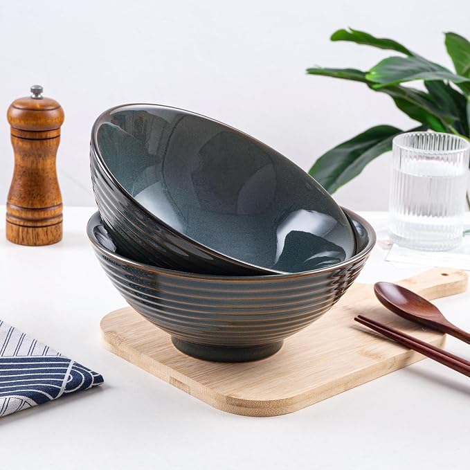 Ceramic Japanese Ramen Bowl Set, 2 Sets Asian Pho Udon Soup Noodle Bowls with Spoons and Chopsticks (Olive Green, 8 inches)