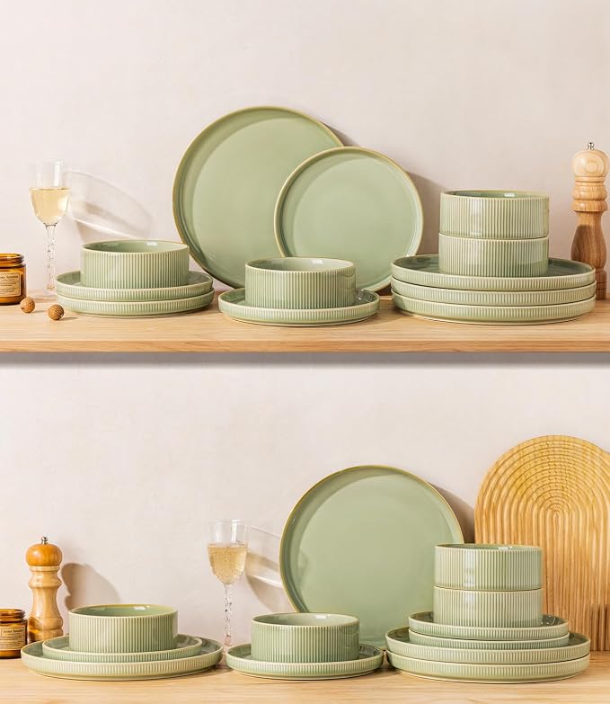 Ceramic Dinnerware Set for 4, 12-Piece Plates and Bowls Set | Lightweight Porcelain Dish Set, Scratch Resistant, Oven & Microwave & Dishwasher Safe, Duck Egg Green