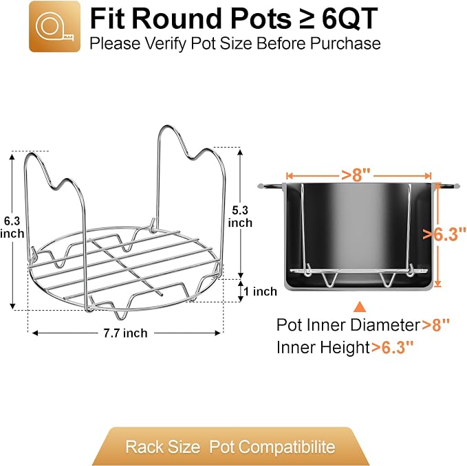 Steamer Rack Trivet for Instant Pot 6 Qt & 8 Qt with Handle, 7.7 in | 304 Stainless Steel Steam Rack with Foldable Long Handles for Pressure Cooker, Steaming, Cooking, Dishwasher Safe