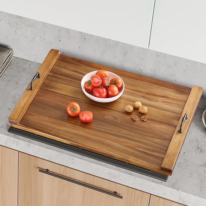 GarveeHome Acacia Noodle Board Stove Cover Wood with Handles for Gas/Electric Stove Top, 30 in x 22 in Extra Thick Wood Stove Top Covers, Kitchen Sink Cover Cutting Board, Decorative Serving Tray | Thick Wood Stove Top Covers, Kitchen Sink Cover, Cutti...