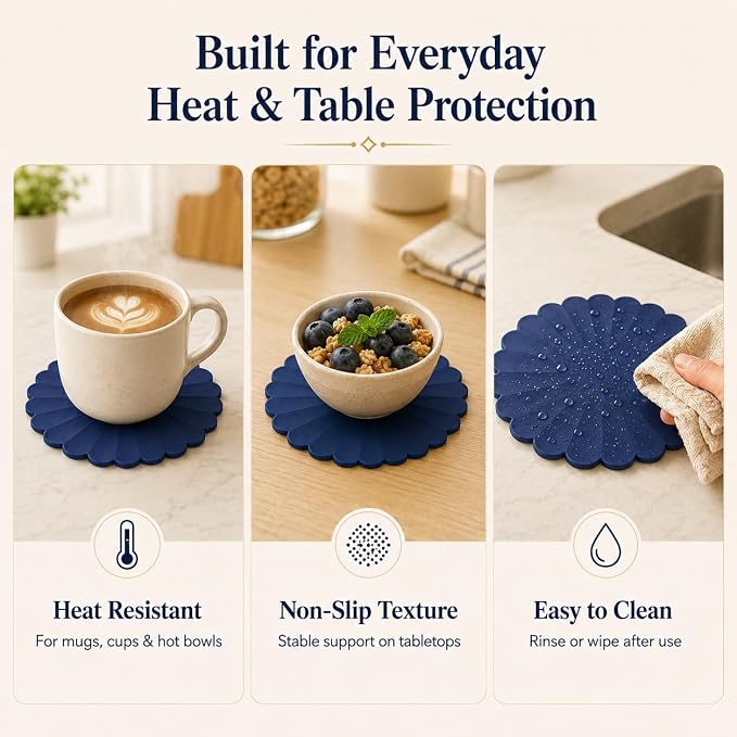 Heat-Resistant Silicone Trivet Mats, Non-Slip Hot Plate Holder for Kitchen Countertops & Dining Table, Reusable Pot Holder Pad with Secure Grip, Dishwasher Safe (Blue, Diameter: 18cm/7.09")