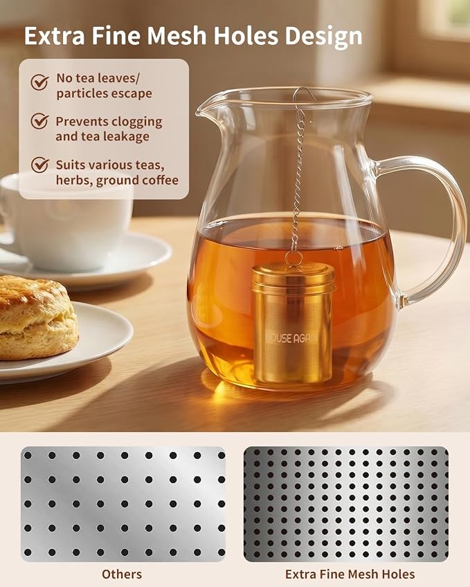HOUSE AGAIN Tea Infuser (2 Pack, Large + Small), Extra Fine Mesh Tea Strainers for Loose Tea, 18/8 Stainless Steel Tea Strainer with Extended Chain Hook, Tea Steeper