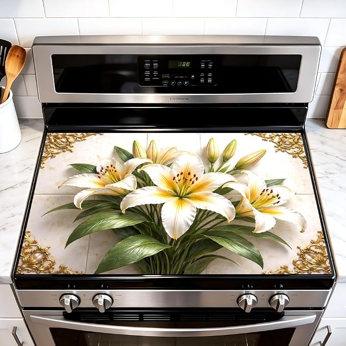 White Lily Bouquet Gold Baroque Stove Top Cover 28.35x20.47in | White lily bouquet gold baroque stove top cover 28.35x20.47 in; elegant floral cooktop mat dishwasher safe machine washable