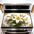 White Lily Bouquet Gold Baroque Stove Top Cover 28.35x20.47in | White lily bouquet gold baroque stove top cover 28.35x20.47 in; elegant floral cooktop mat dishwasher safe machine washable
