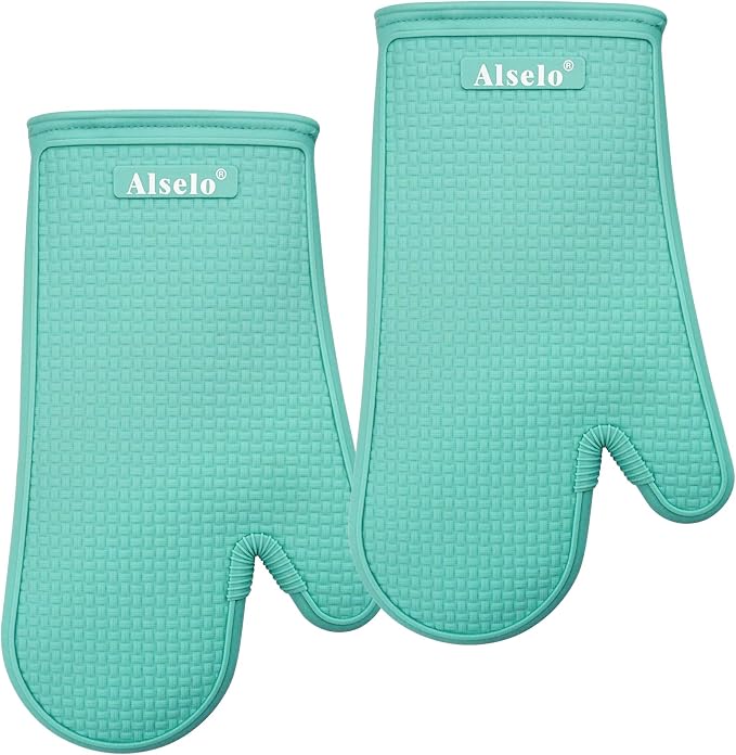 Alselo Silicone Oven Mitts Set, Heat Resistant 550 Degree,7.5"x12" | Kitchen Mittens,Waterproof & Non-Silp Oven gloves for Baking Cooking Barbecue Microwave & Machine Washable(Blue, 2)