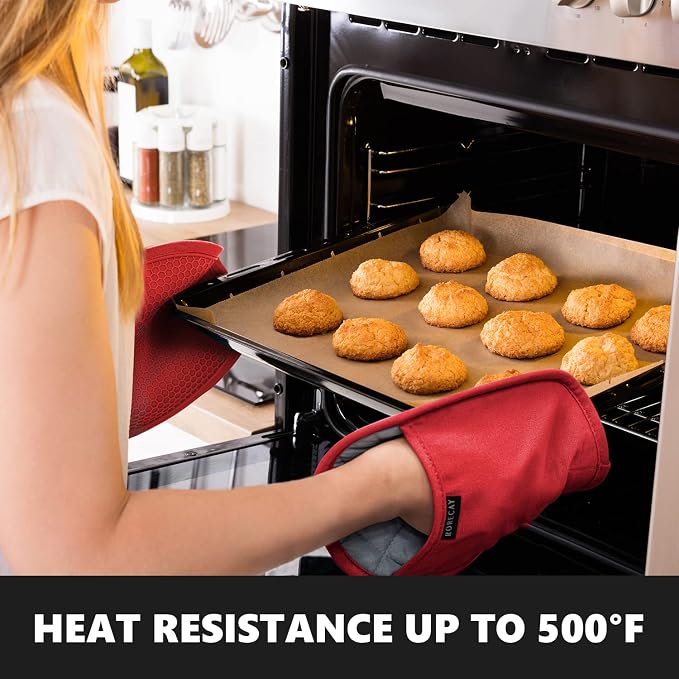 RORECAY 2-Pack Silicone Pot Holders for Kitchen, Hot Pads with Pocket, Red | Heat Resistant up to 500°F, Quilted Cotton Potholders, Non-Slip & Waterproof Trivets for Hot Pots, Pans, and Countertops