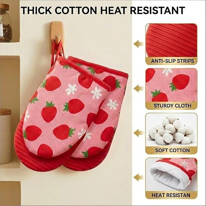 Mini Oven Mitts Set,2-Pack Strawberry Decor Cute Oven Mitt,Cute Kitchen Gloves Kitchen Accessories Gadgets,Cotton Oven Mits,Heat Resistant Non-Slip Silicone Grip,Baking Supplies,5.5"x8"