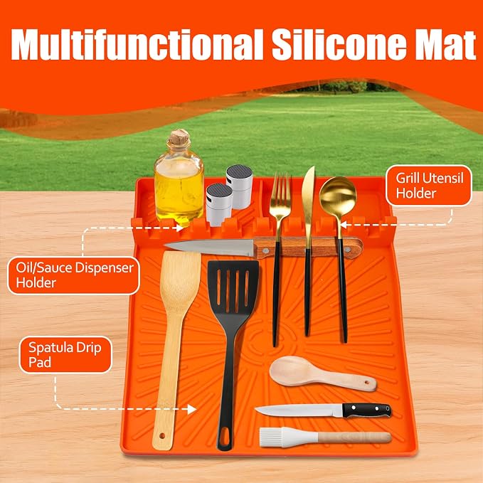 Large Silicone Grill Mat with Drip Pad, Heat Resistant Spatula Holder for Blackstone Side Shelf & Outdoor Kitchen Countertop, Reusable Griddle Accessories for BBQ Enthusiasts and Home Cooks | Heat Resistant Spatula Holder, Reusable Griddle Accessories ...