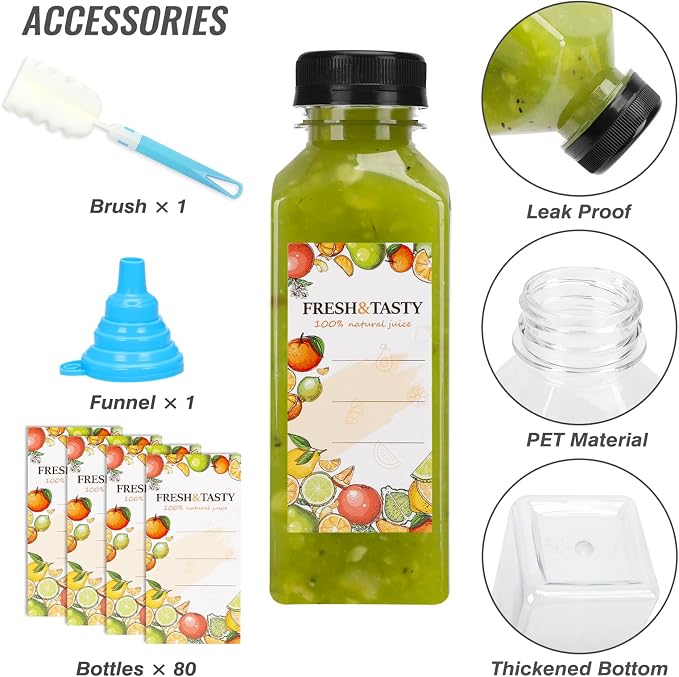 80pcs 12oz Plastic Juice Bottles with Caps, Sticker Labels, Brush | Reusable Empty Juice Bottles with Lids and Labels, Funnel, Brush Beverage Containers for Juicing, Smoothies, Tea, Milk