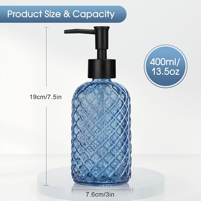Topsky Gem Glass Soap Dispenser with Black Plastic Pump, 13oz Liquid Hand Soap Dispenser, Rustproof Pump for Kitchen & Bathroom, Great for Lotions, Essential Oil, Liquid Soaps-Blue