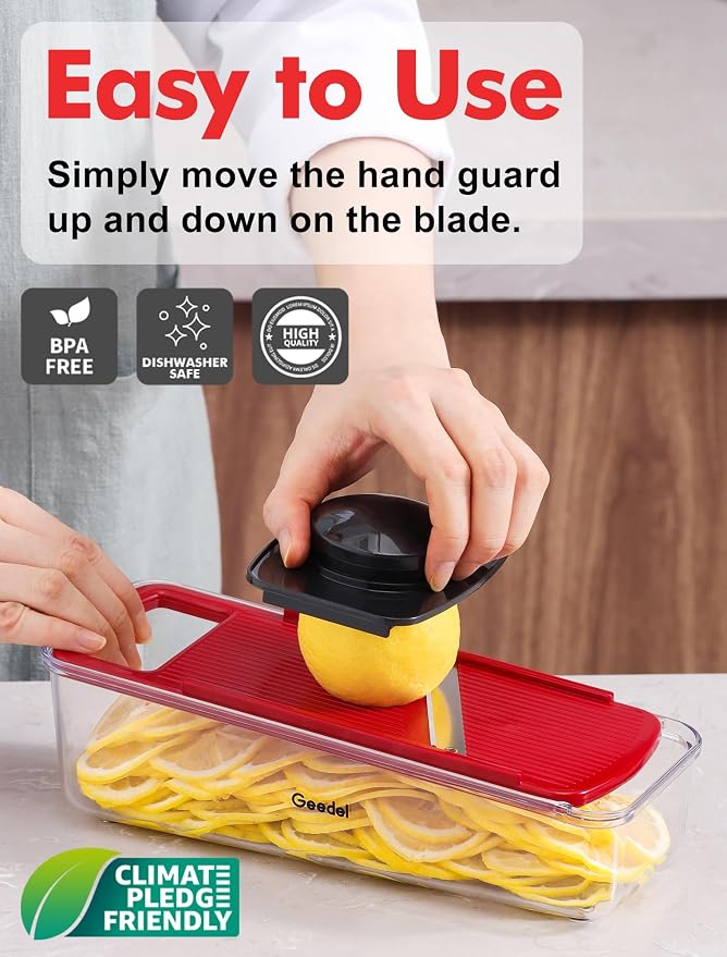 Geedel Professional Mandoline Slicer for Kitchen, Multi Purpose Vegetable Slicer Cutter, Vegetable Cutter Onion Cutter for Veggie Fruit Cheese | Slice, Shred & Julienne, Sharp Stainless Steel Blades, Dishwasher Safe, No BPA, Safety Hand Guard, For Vegg...