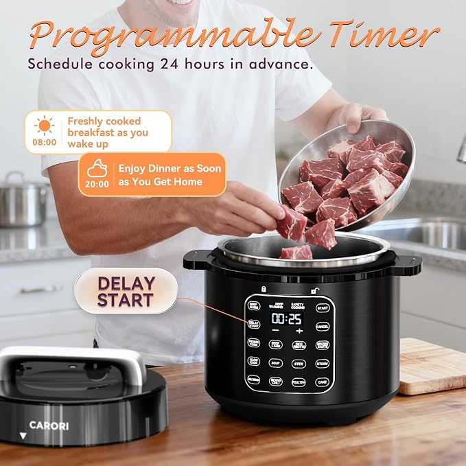 CARORI 6Qt 9-in-1 Electric Pressure Cooker,12 Presets - Quick Meals, Time-Saving, Healthy Dinner,Olla Presion, Electric Canner, Home Appliance, Small Appliance, (Black/SS)