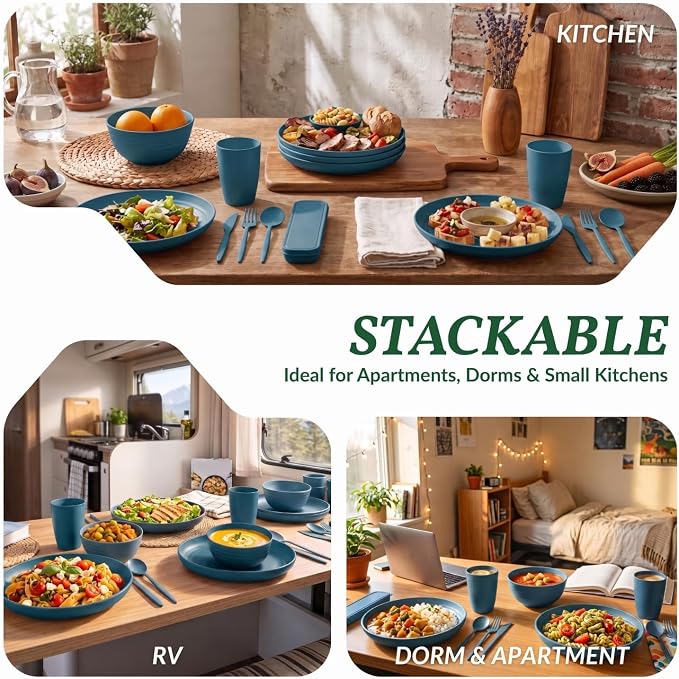 Unbreakable Wheat Straw Dinnerware Sets 28 PCS Kids Plates and Bowls Sets for Kitchen, RV, Party, Travel, Dorm, Camping Dish Set for 4 Lightweight Microwave & Dishwasher Safe(Deep Blue)
