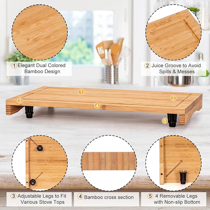 Bamboo Stovetop Cover&Countertop Cutting Board with Adjustable Legs, Dual-purpose Chopping Board for Electric Stove Burner, Workspace Block Cover for RV Camping Camper Gas