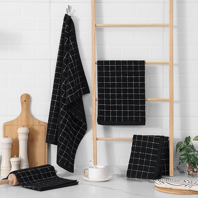 Homaxy 100% Cotton Terry Kitchen Towels, Large 6 Pack, Black | Ultra Soft and Absorbent Dish Towels for Kitchen, Suitable for Drying and Washing Dishes